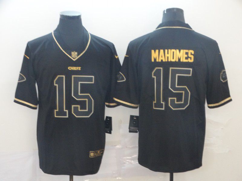 Men Kansas City Chiefs 15 Mahomes Black Retro gold character Nike NFL Jerseys